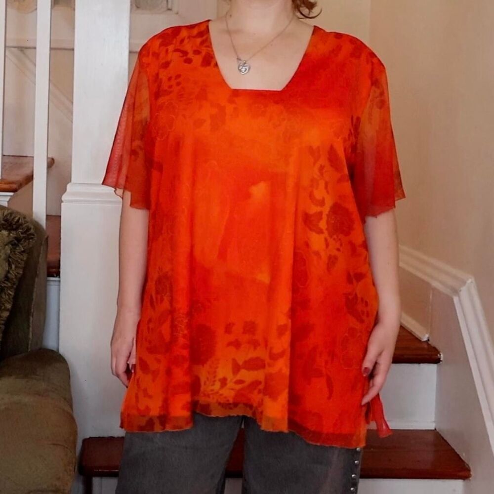Ashley Stewart Orange Lined Mesh Short Sleeve Sz XL XXL Fairycore Floral Slits